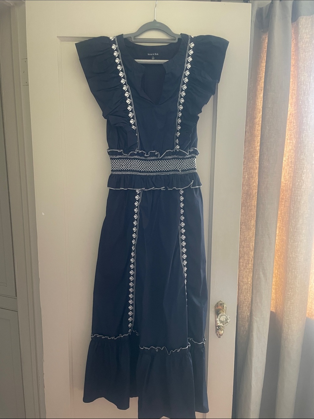 Anthro-Inspired Navy Ruffle Embroidered Maxi Dress